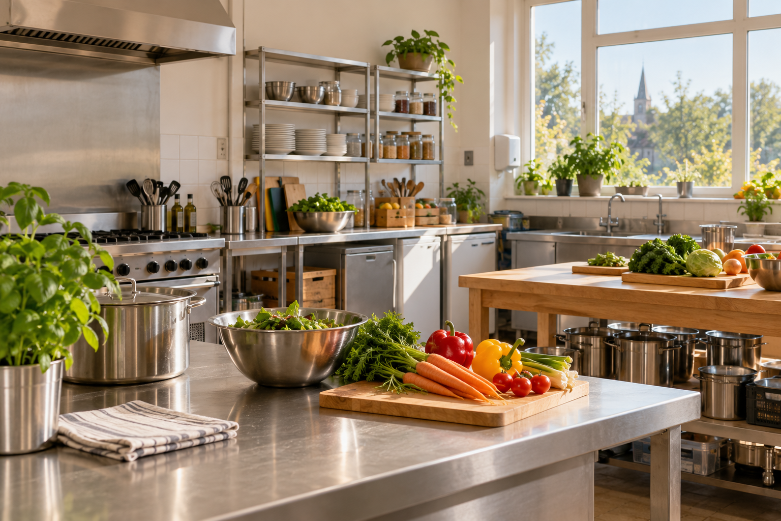 Illustrative community kitchen with preparation counters, utensils and fresh vegetables