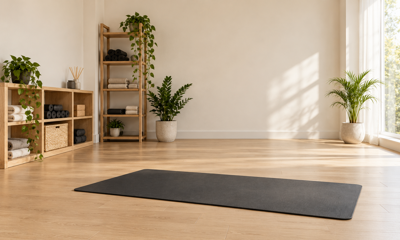 Sunlit Pilates studio with a mat and plants